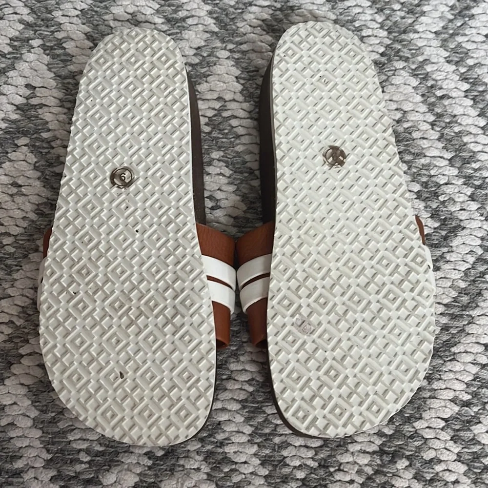 Tory Burch Brown and White Logo Leather Slide Sandals
